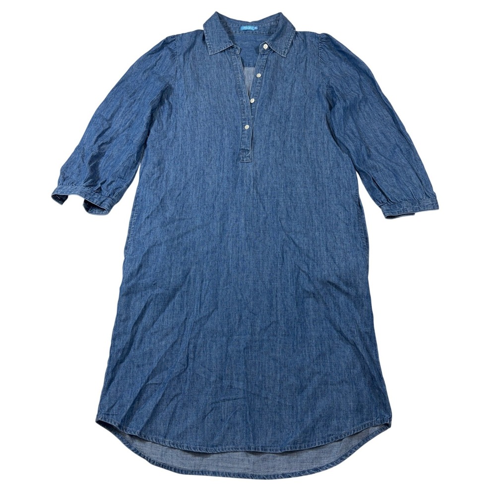 J.McLaughlin Blue Denim Chambray Shift Dress XS 3/4 Sleeve Henley High-Low Hem